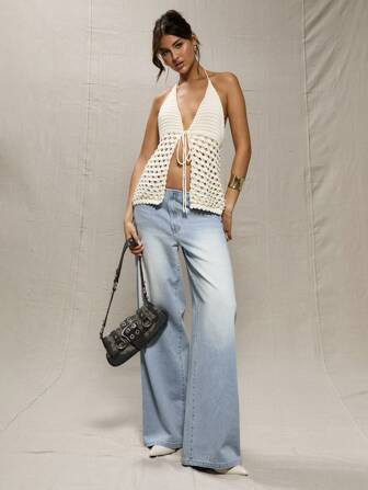 MUSERA White Crochet Knit Tie Front Top | SHEIN USA | SHEIN