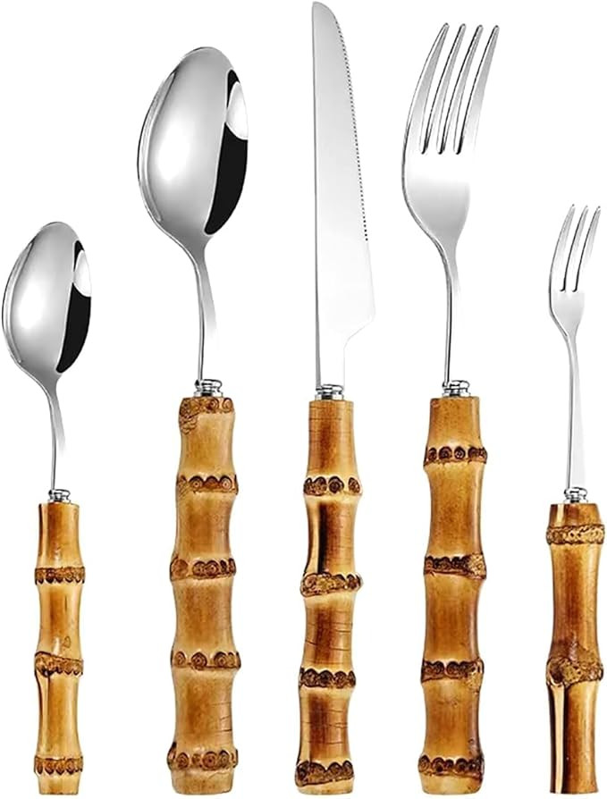 bamboo silverware set for 6,18/8 stainless steel bamboo handle flatware sets cutlery set for dinn... | Amazon (US)