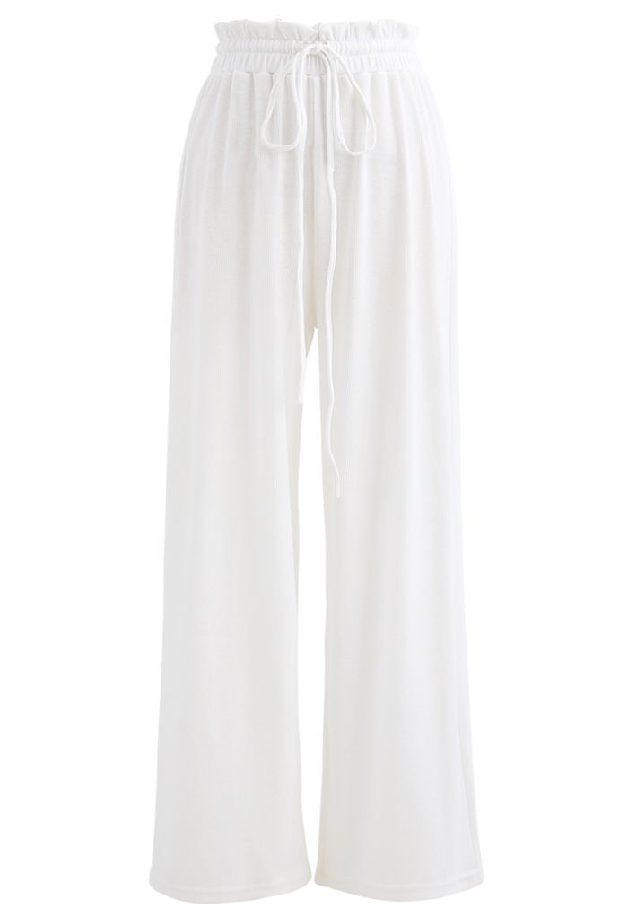 Drawstring Paper-Bag Waist Ribbed Yoga Pants in White | Chicwish