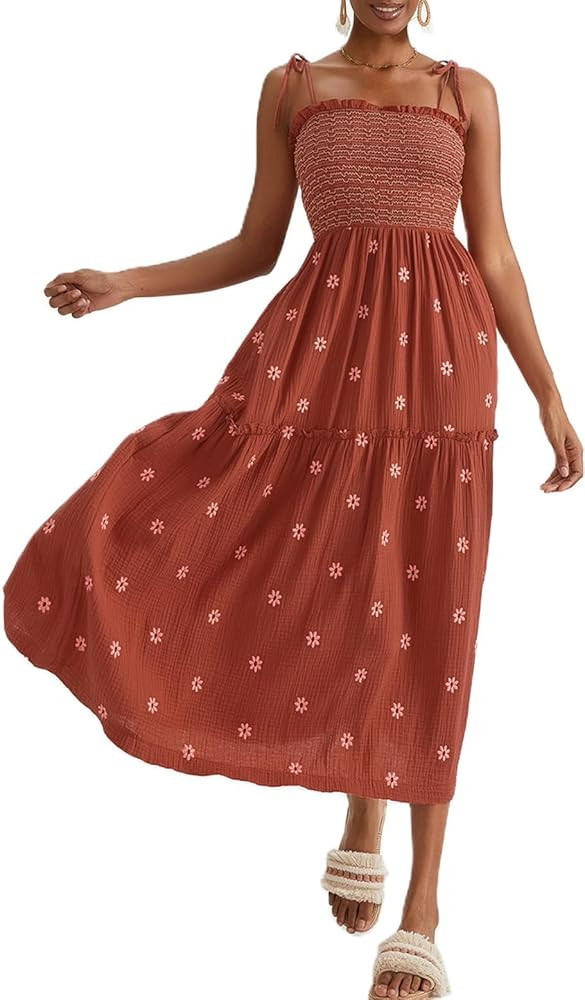 Women Floral Embroidered Maxi Dress Boho Sleeveless Tie Strap Shoulder Dresses Smocked Summer Sun... | Amazon (US)