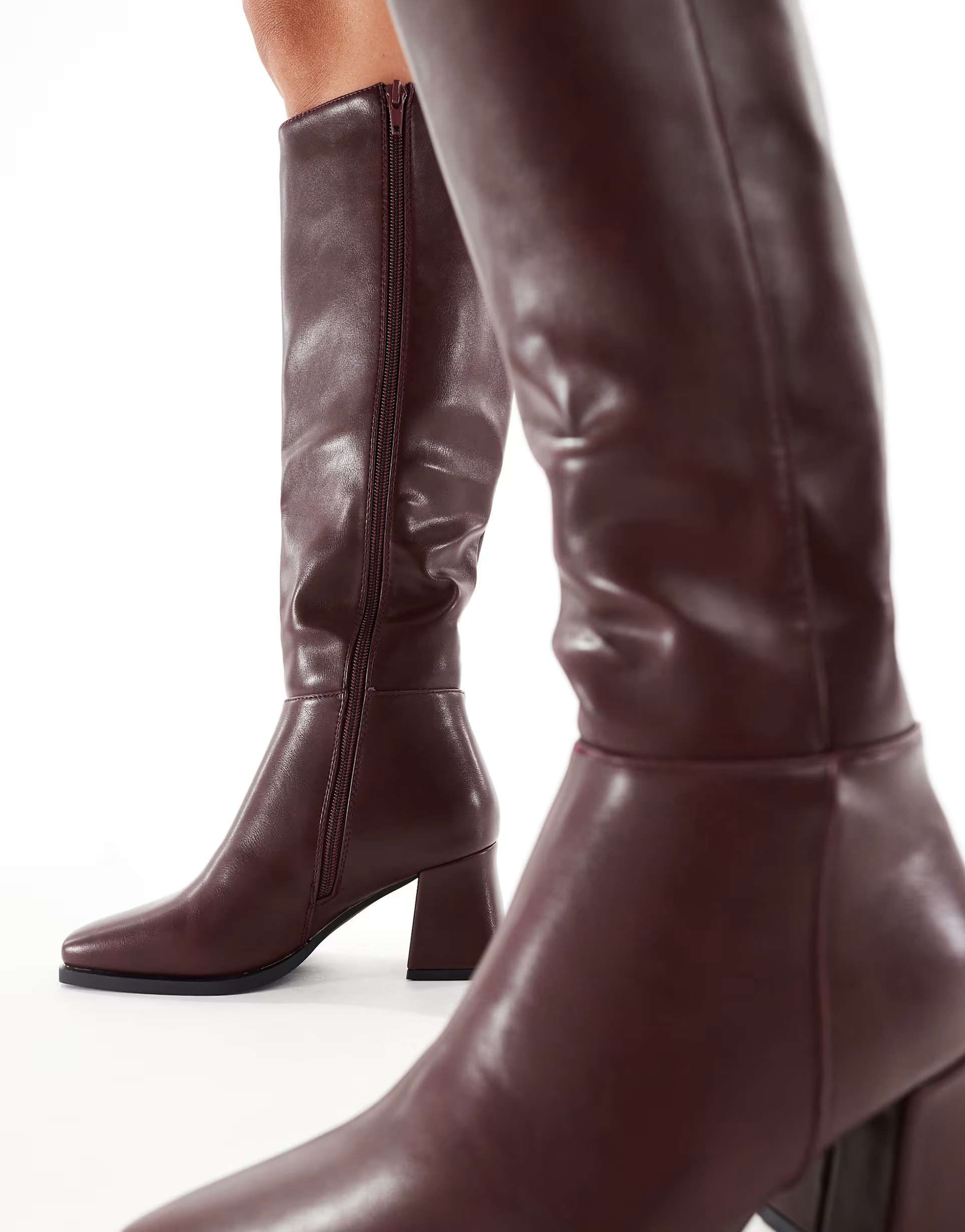 SEQWL Wide Fit Fisher block heel knee boots in burgundy | ASOS (Global)