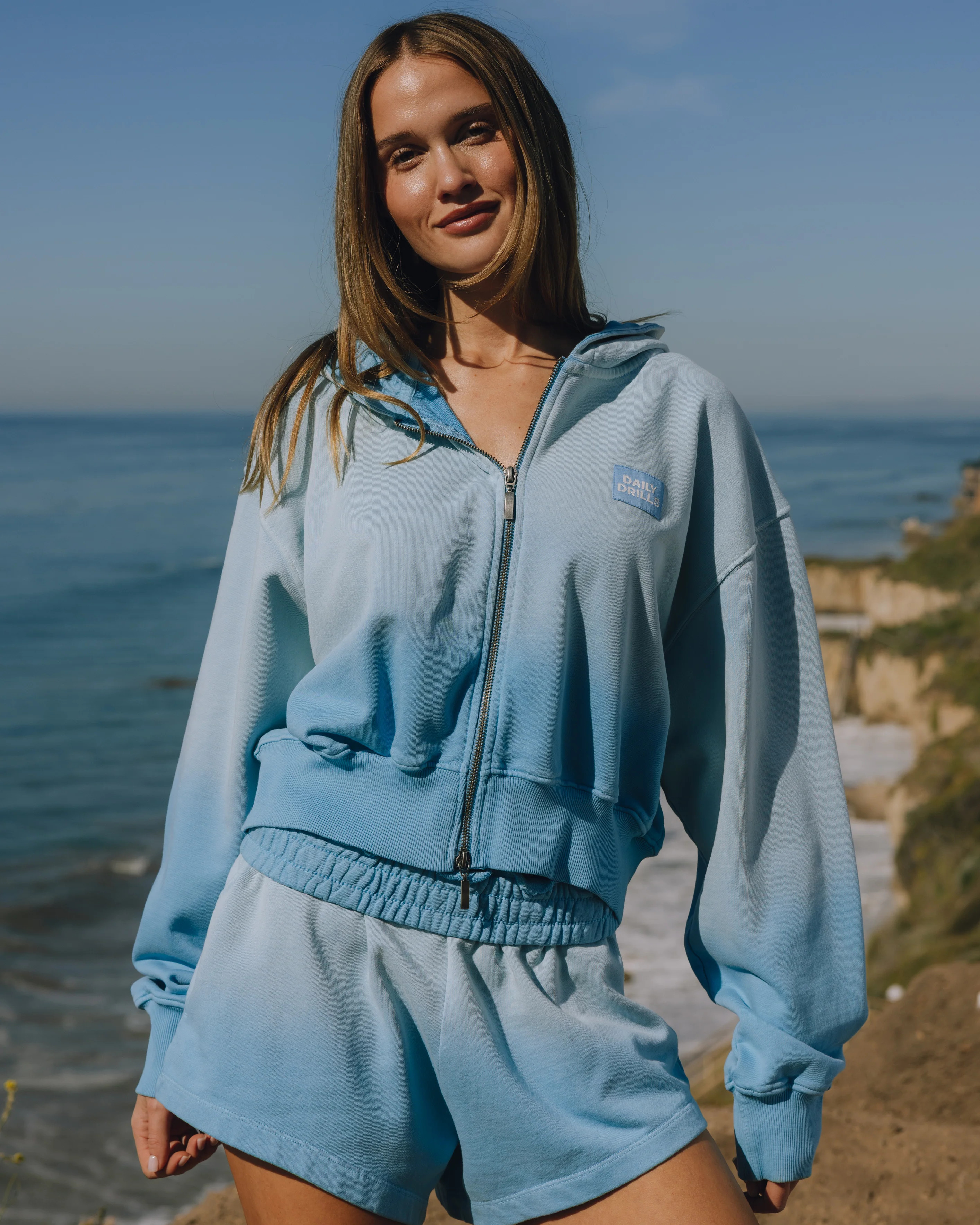 Double Zip Hoodie - Sunsoaked Malibu with Monochrome Patch | Daily Drills LLC