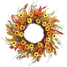 Fall Wreath For Front Door Artificial Orange Daisy Autumn Wreath With Colorful WildflowersAutumn Wreath With Pine Cones Pumpkin Maple Leaf Farmhouse F | SHEIN