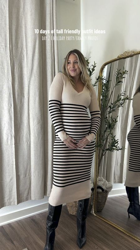 I’m wearing a medium in the sweater dress and 8.5 in the black leather boots! Both fit tts!

Maternity, fall outfit ideas, fall style, tall fashion 