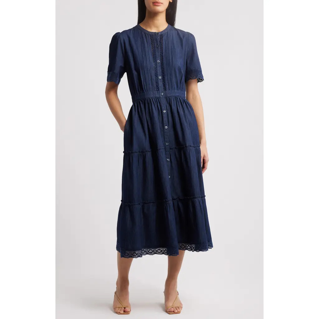 Caslon® Lace Detail Denim Midi Dress in Dark Wash at Nordstrom Rack, Size Medium | Nordstrom Rack