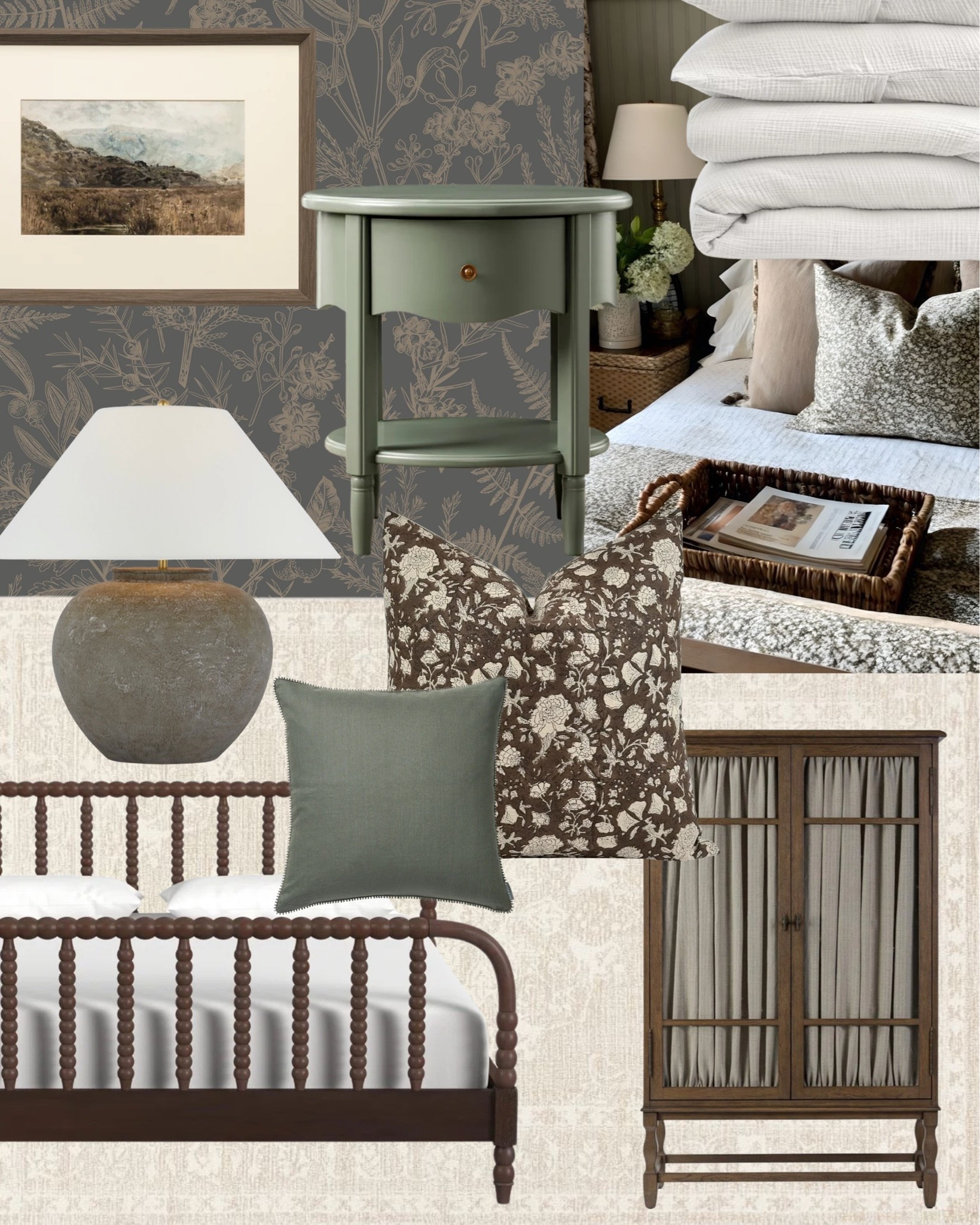A bedroom that feels like a proper retreat ✨ 

A dark spindle bed, a sage green painted nightstand, a textured ceramic lamp, a moody floral wallpaper, a dark floral pillow, a solid sage pillow, a curtained display cabinet, and soft layered bedding that makes the whole room feel warm and completely considered. 

All linked here 🤍 

#LTKhome