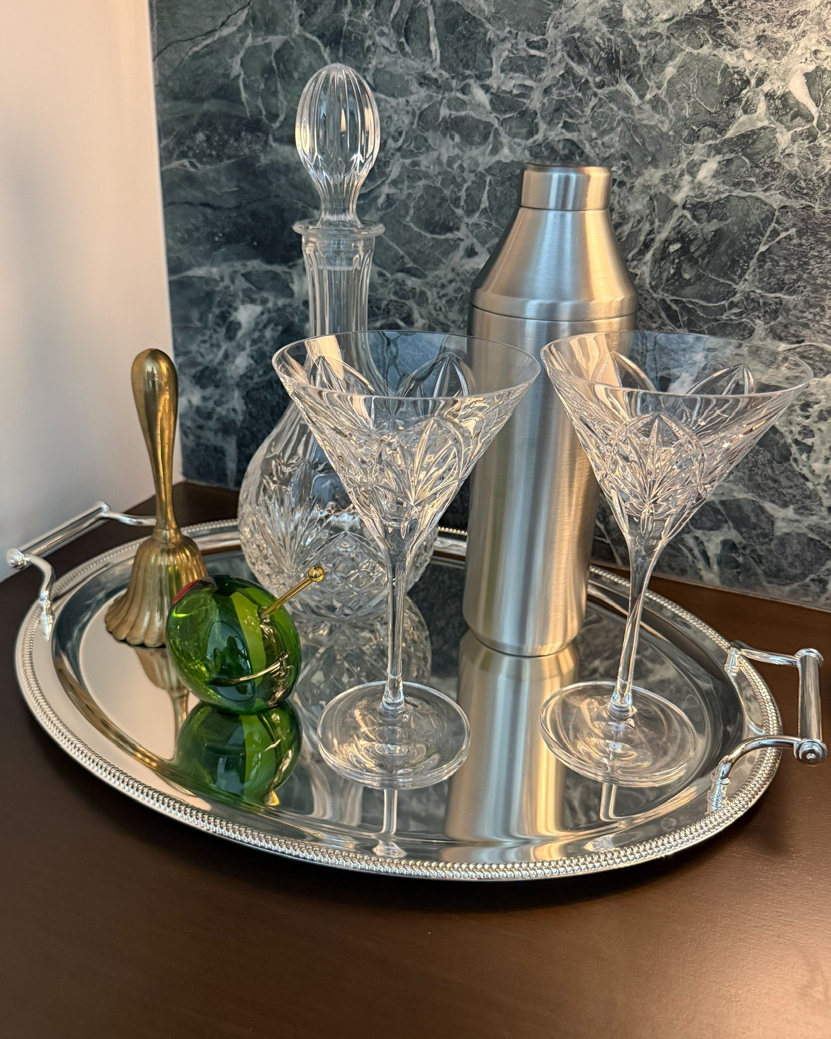 Very into a chic little styled cocktail setup 🍸this silver tray is new and from Amazon! And I can’t with the little olive! 😍🫒

#LTKHome #LTKSaleAlert