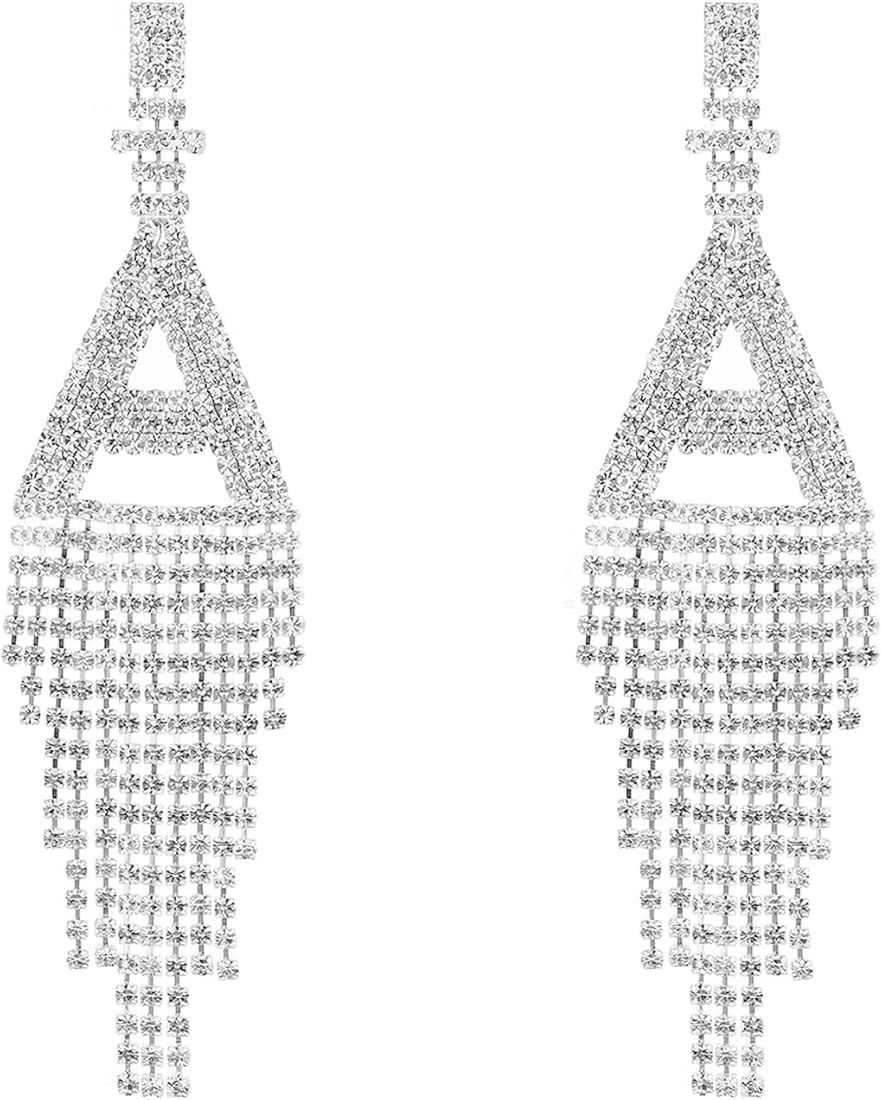 Initial Rhinestone Earrings Sparkle Alphabet Dangle Drop Earrings Clear Crystal Tassel Chandelier... | Amazon (US)