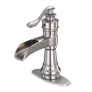 Single Handle Single Hole Waterfall Bathroom Sink Faucet BrassBasin Taps with Deckplate Included in Brushed Nickel | The Home Depot