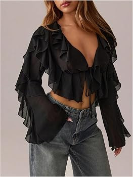 Floerns Women's Ruffle Trim Mesh Long Sleeve Blouses V Neck Tie Front Crop Tops Black X-Small at ... | Amazon (US)