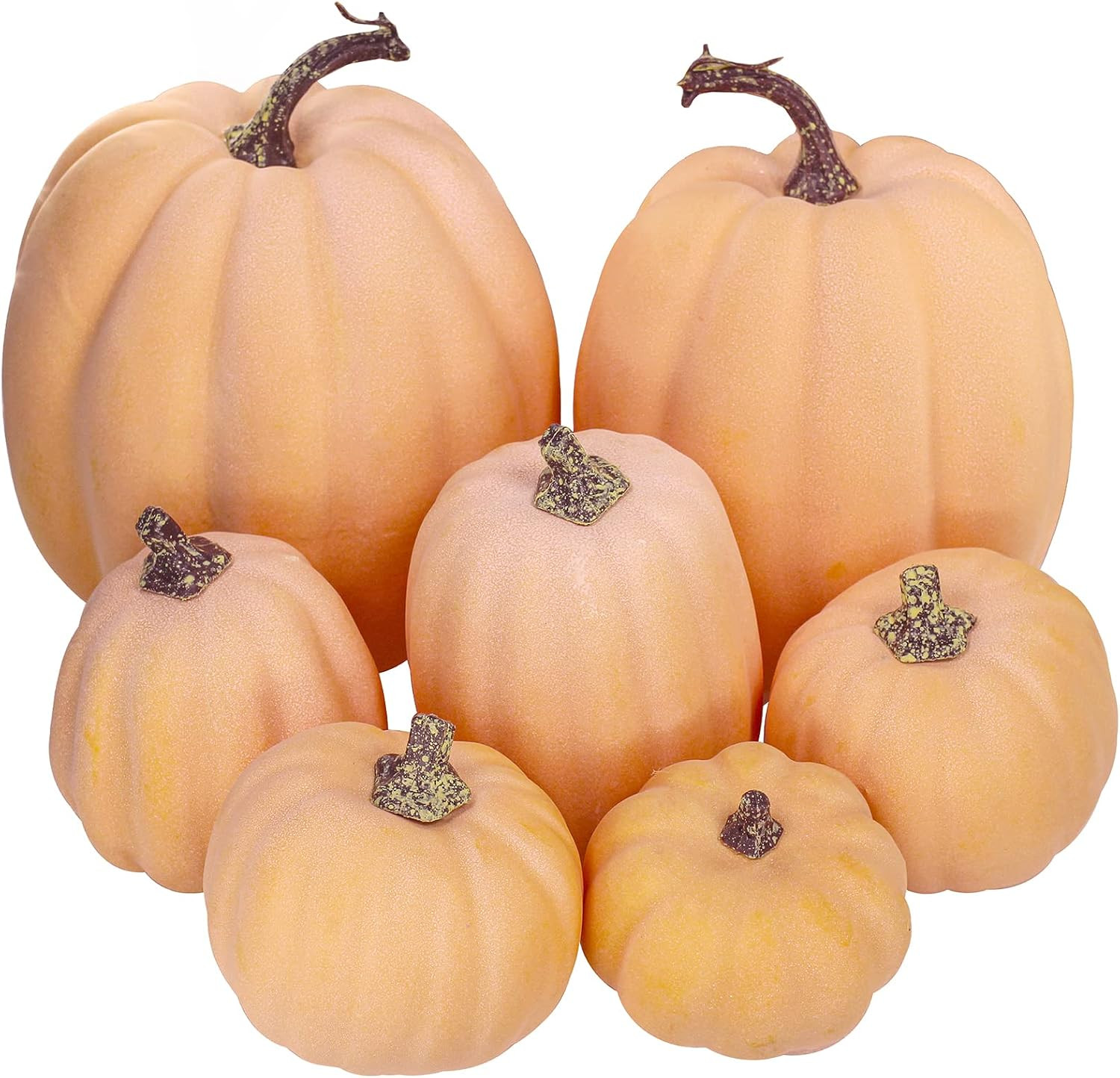 Winlyn 7 Pcs Assorted Sizes Artificial Fall Pumpkins Faux Orange Decorative Foam Pumpkins for Gifts Fall Baby Shower Wedding Thanksgiving Halloween Table Centerpiece Mantel Decor | Amazon (US)