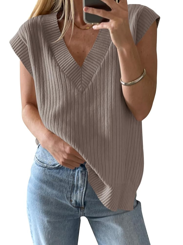 Saodimallsu Womens V Neck Sweater Vest Oversized Ribbed Knit Sleeveless Casual Loose Fit Pullover... | Amazon (US)