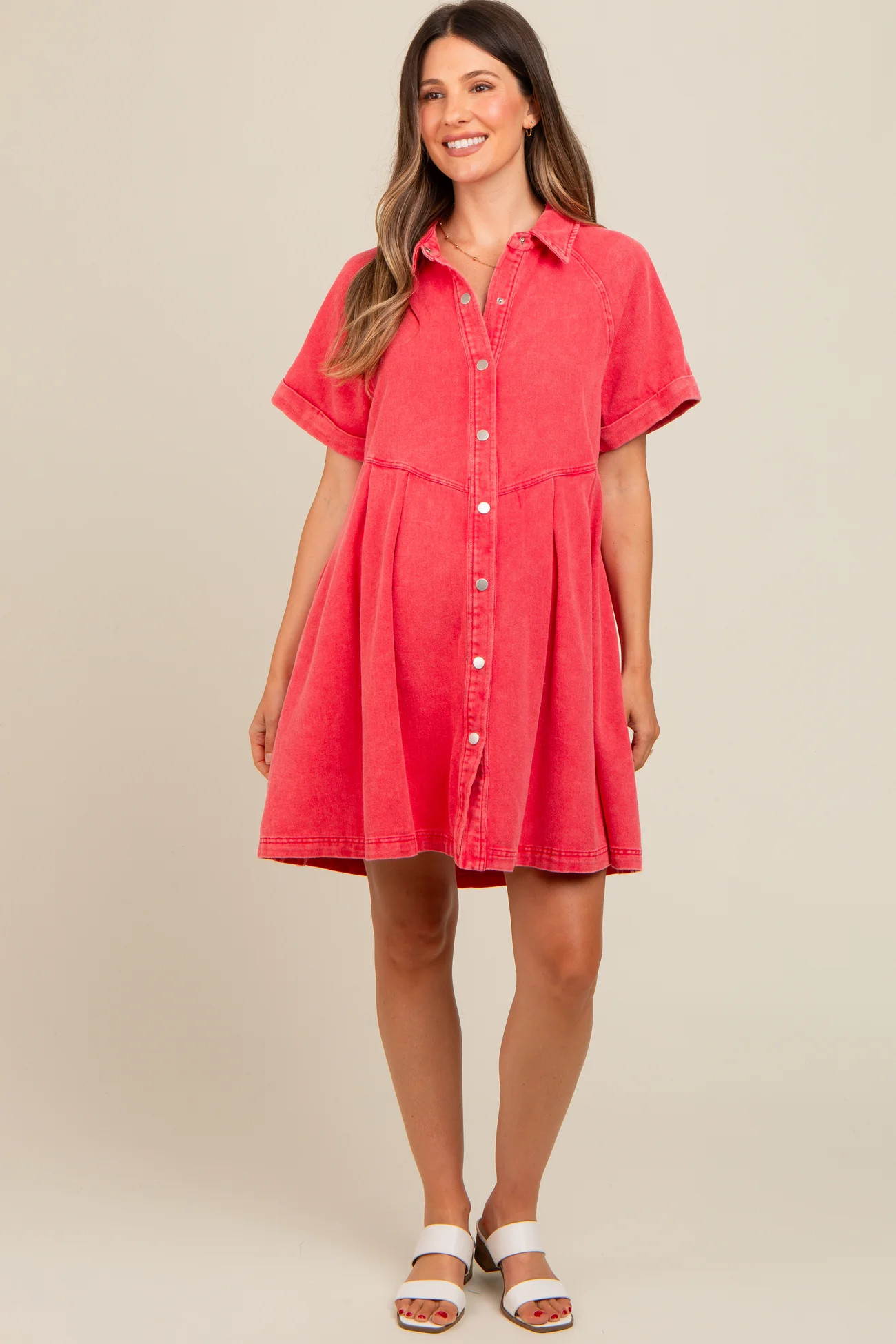 Red Denim Button Down Maternity Mini Dress | PinkBlush Maternity