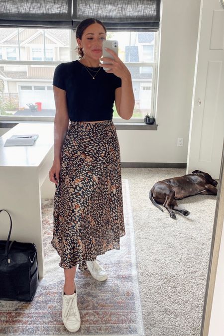 Leopard midi skirt, black cropped tshirt and white sneakers OOTD with my favorite gold jewelry! 

#LTKunder100 #LTKfit