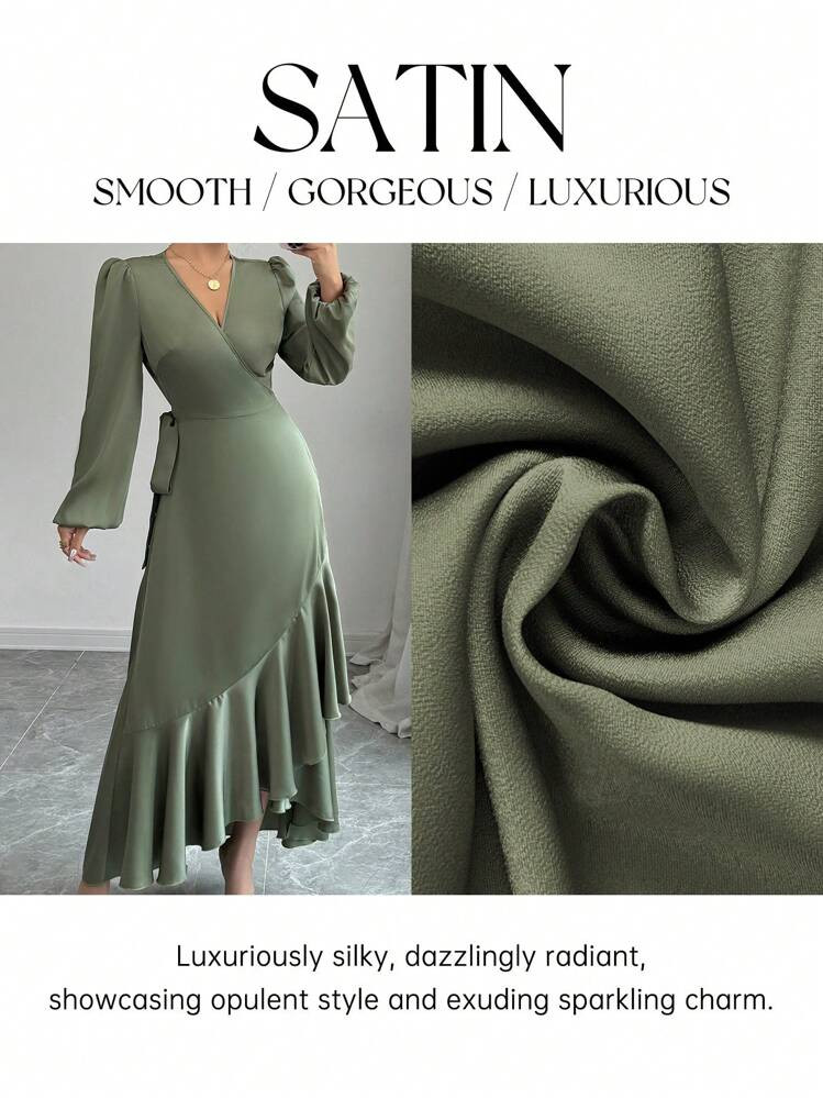 Elenzga 1 Pc Elegant Women's Dress With Shiny Fabric, Cross Over Flounced Side Tie Detail, Ruffle Hem Satin Dress Maxi Women Outfit | SHEIN