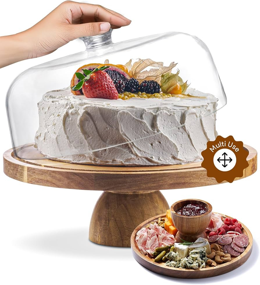 Acacia Wood Christmas Cake Stand with Dome Lid - 12in Round Holder, Holiday Hosting Essential for... | Amazon (US)