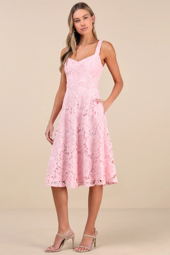 Divine Beauty Blush Pink Lace Midi Dress With Pockets | Lulus
