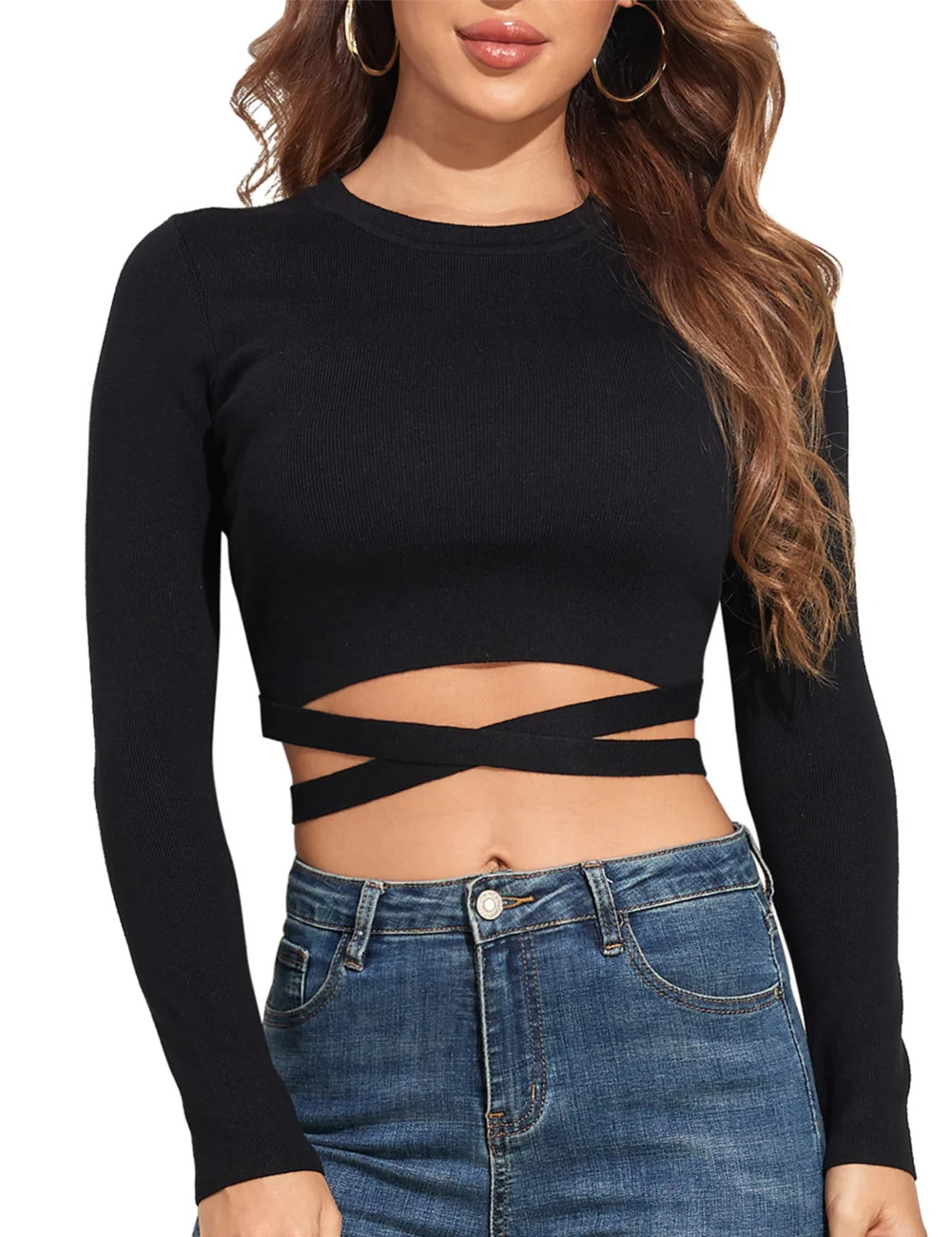 PrettyGuide Women's Knit Cropped Sweater Tops Long Sleeve Slim Fitted Sexy Crisscross Tie Up Ribb... | Walmart (US)