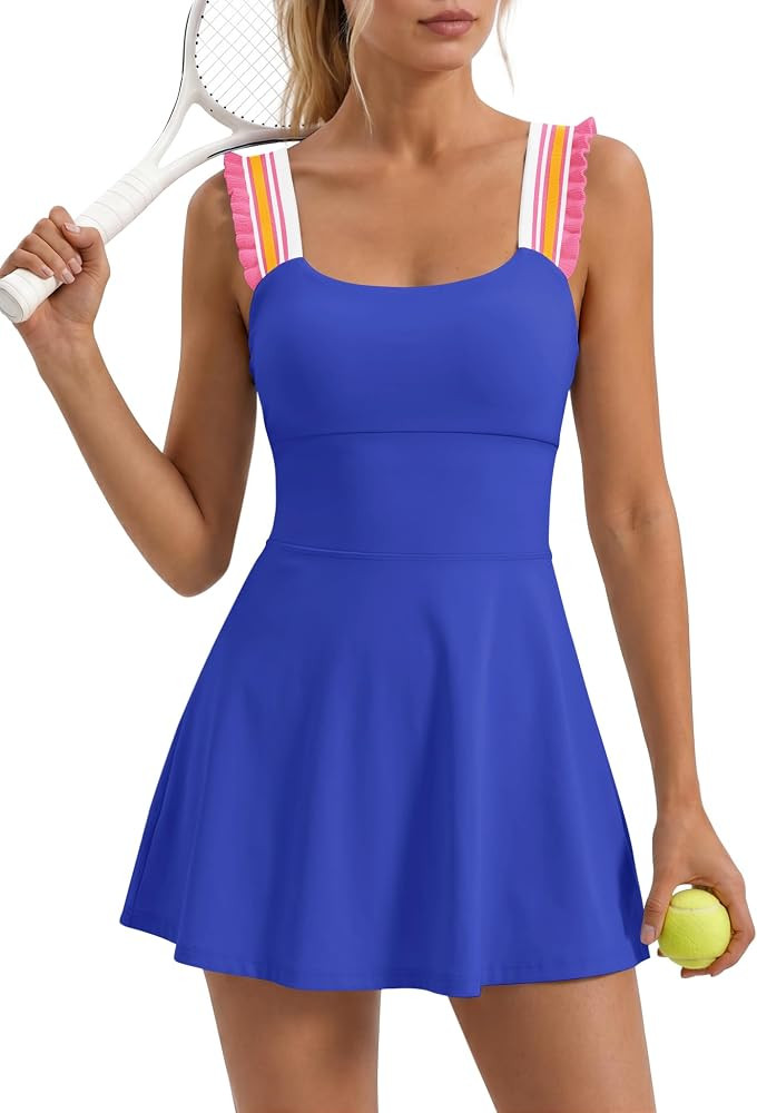 LAMISSCHE Womens Athletic Dress with Shorts Workout Romper Dress Striped Ruffle Golf Tennis Dress... | Amazon (US)