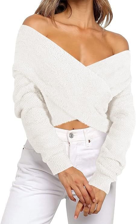 HAPCOPE Women's Long Sleeve Wrap V Neck Cross Front Fluffy Fuzzy Pullover Sweaters Crop Tops | Amazon (US)