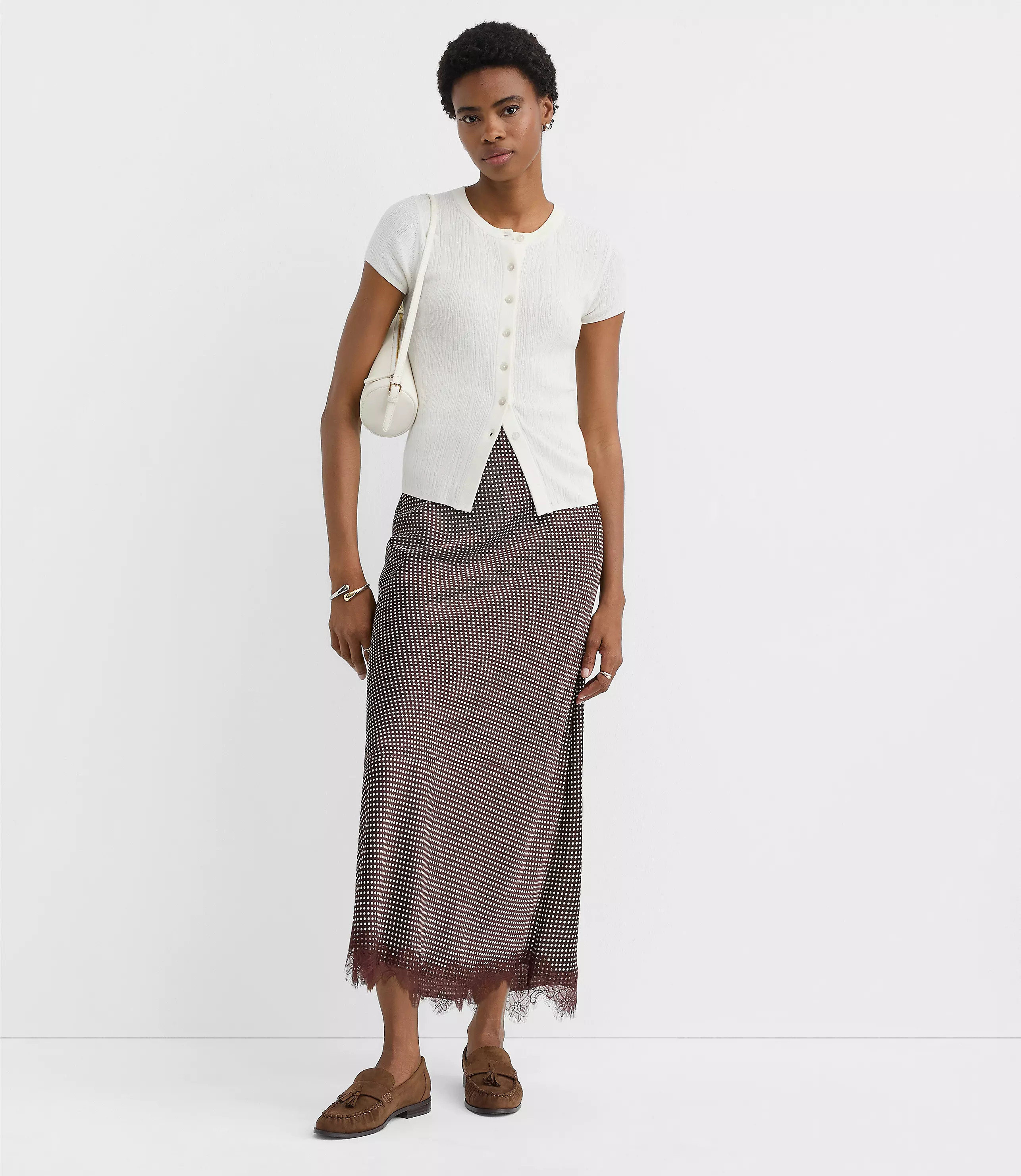 Pindot Lace Trim Satin Bias Maxi Skirt | LOFT