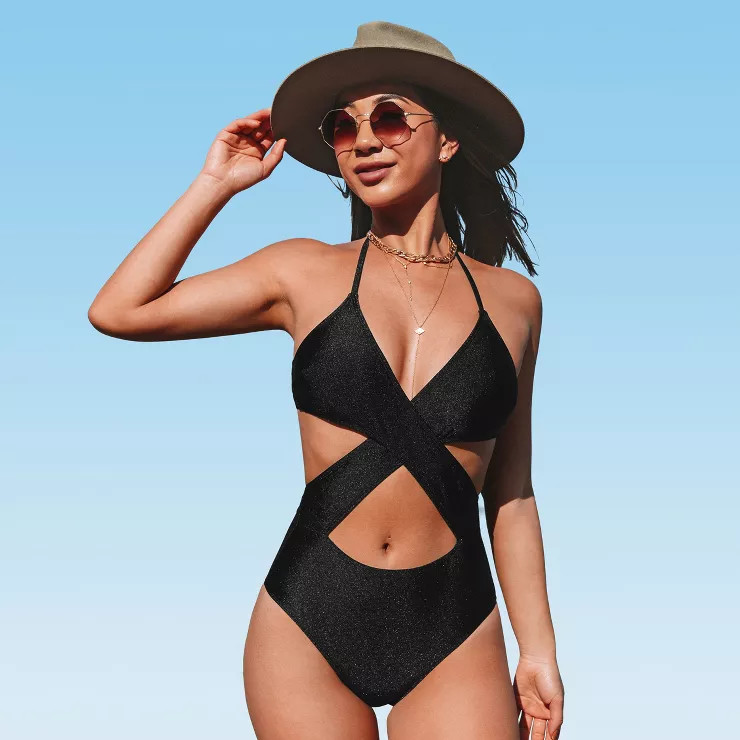 Women's Black One Piece Swimsuit V Neck Halter Cutout Bathing Suit -Cupshe -Black | Target