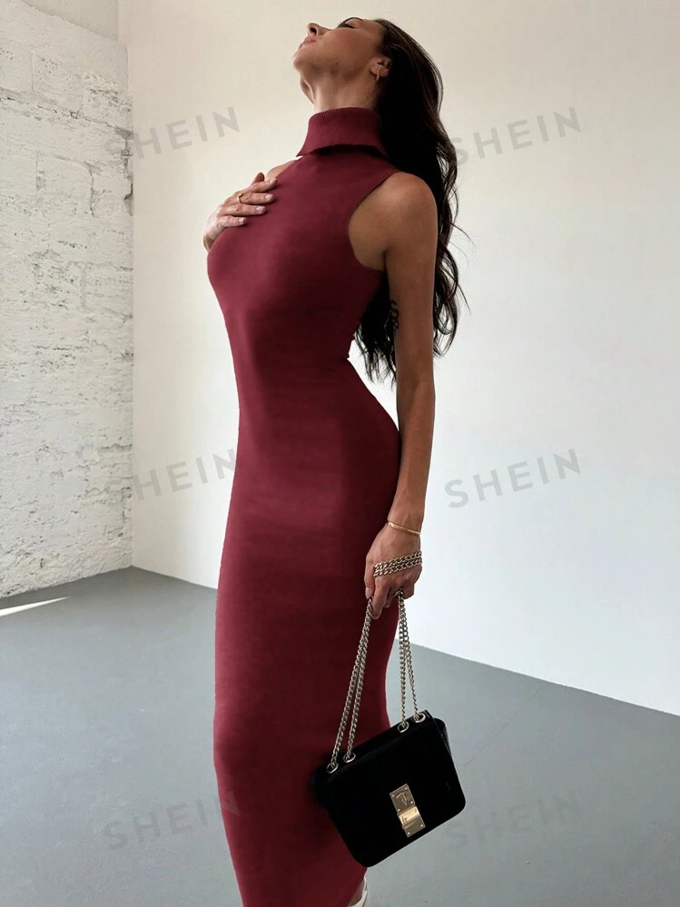 Aloruh Minimalist Fitted Sleeveless High Collar H-Line Extra Long Sweater Dress For Young Ladies,... | SHEIN