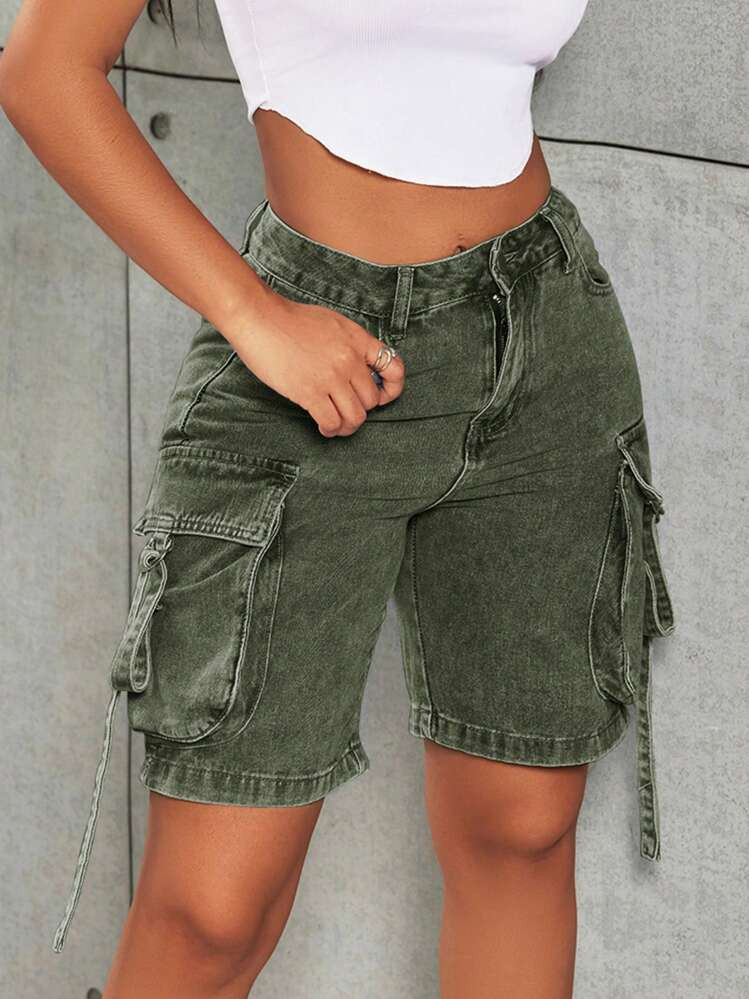 Street  Green Flap Pocket Tape Detail Work Cargo Denim Bermuda Wide Leg Jeans Denim Shorts | SHEIN