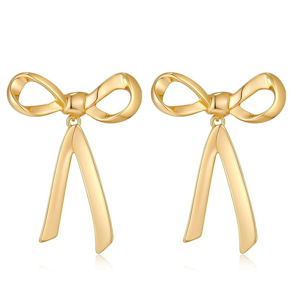 FAMARINE Gold Silver Bow Earrings for Women Big Bow Dangle Drop Earrings Classic Earrings Gift | Amazon (US)