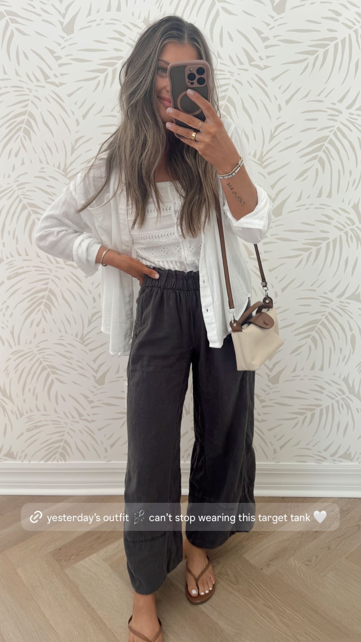 XS everything!! Size down. 
The best, easy breezy neutral spring look 🤍


Spring break 
Spring Pants 
Vacation outfit
Coverup
Tank top 
Neutrals 