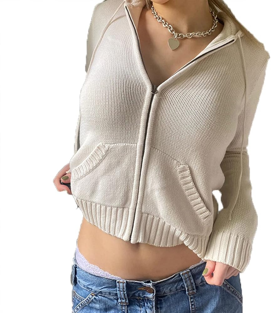 ROAONOCOMO Women Zip Up Knit Cropped Hoodie Y2K Long Sleeve Hooded Cardigan Trendy Autumn Winter ... | Amazon (US)