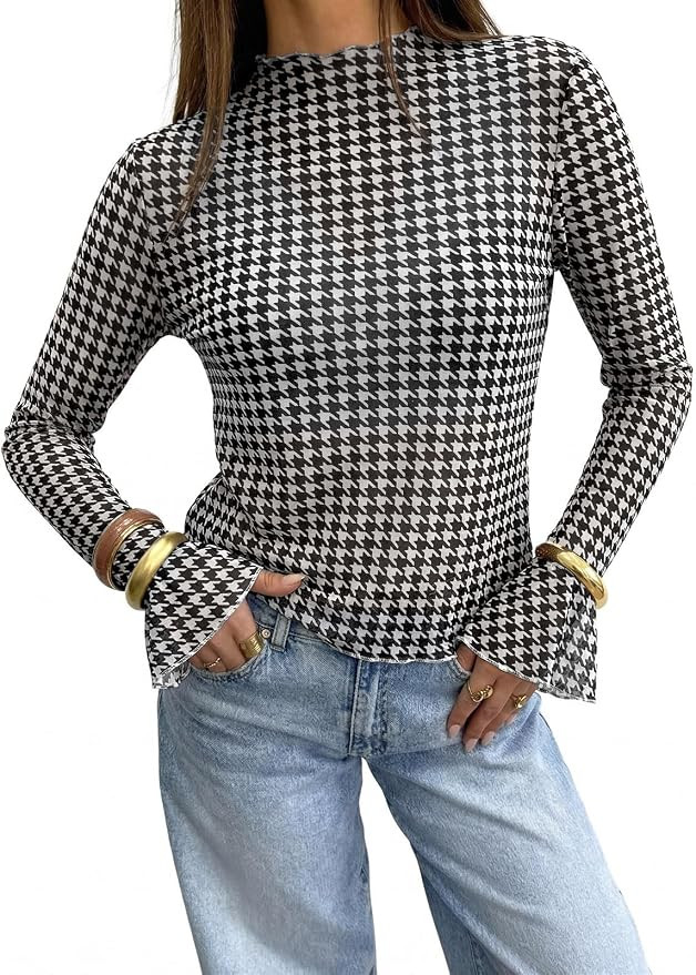 Tankaneo Womens Polka Dot Mesh Tops Going Out Long Bell Sleeve T Shirts | Sheer,Y2K,Floral,Fall,C... | Amazon (US)