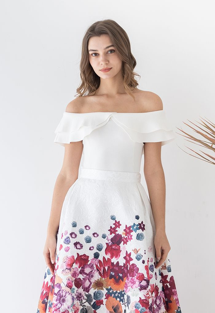 Off-Shoulder Tiered Cropped Knit Top in White | Chicwish