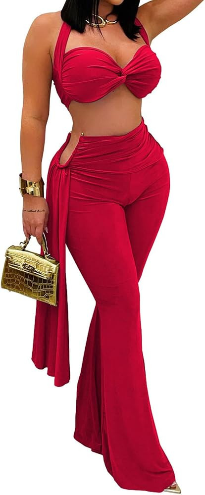 Women's Two Piece Outfits Crop Top and Flare Pants Set Club Going Out | Amazon (US)