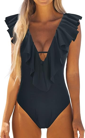 Binlowis Deep V Neck Flounce One Piece Swimsuit Ladies Floral Print Plunging Beachwear Bathing Suit | Amazon (US)