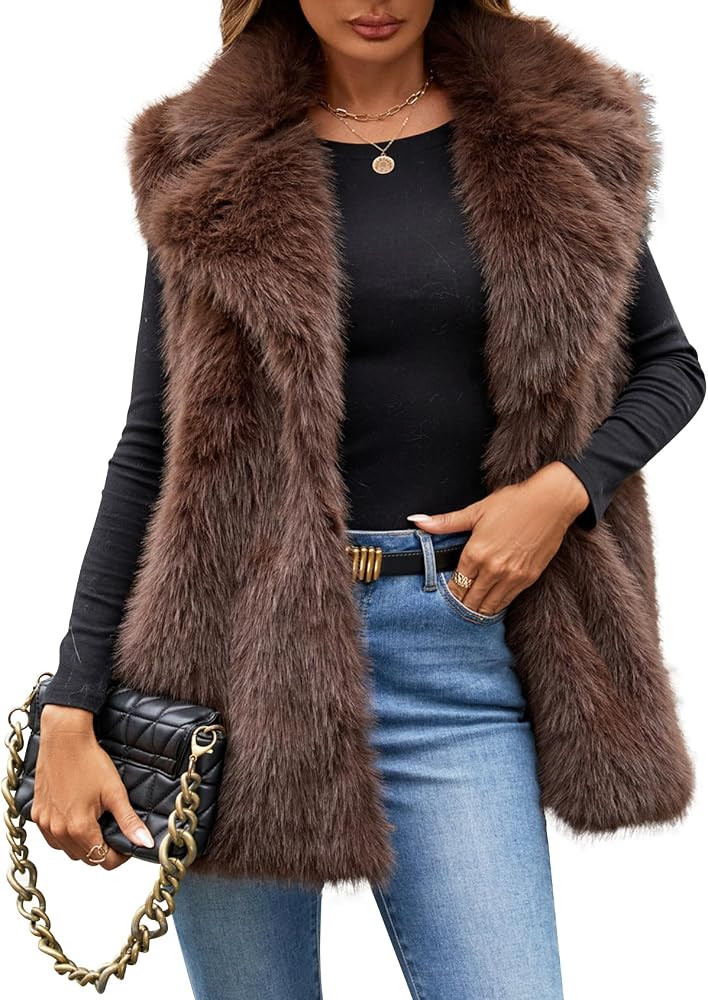 Kissonic Women's Faux Fur Vest Sleeveless Fuzzy Jacket Fluffy Coat Open Front Furry Outerwear Ves... | Amazon (US)