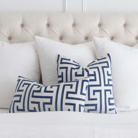 Dark Blue and White Ming Trail Velvet Designer Pillow Cover with Zipper, Fretwork Pillow, Trellis... | Etsy (US)