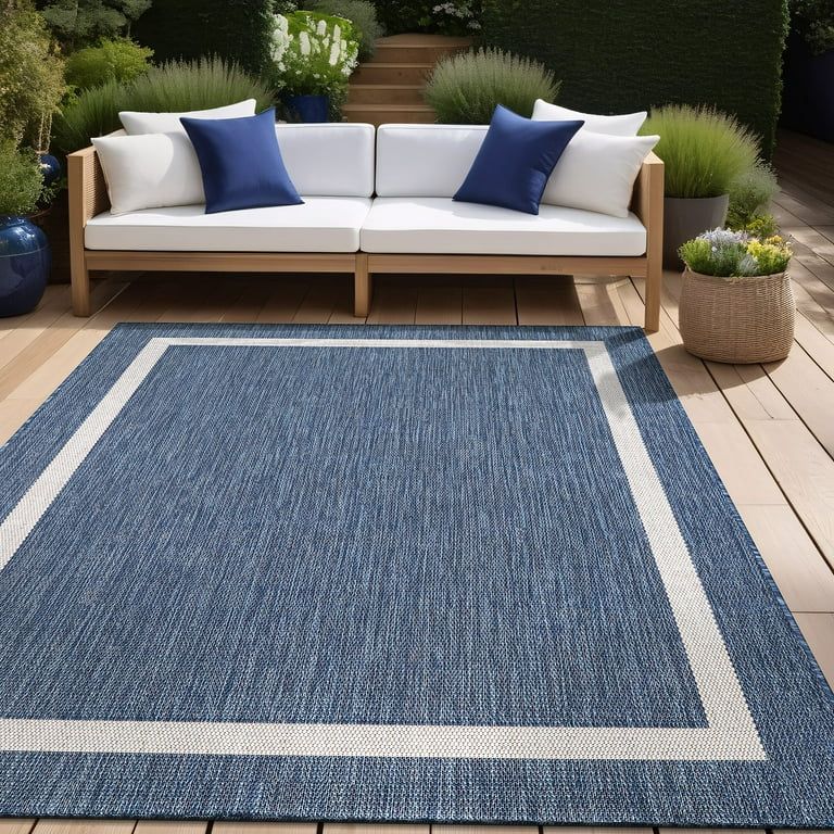 Beverly Rug Sun Indoor Outdoor Area Rugs, Bordered Patio Porch Garden Carpet, Blue and White, 4'x... | Walmart (US)