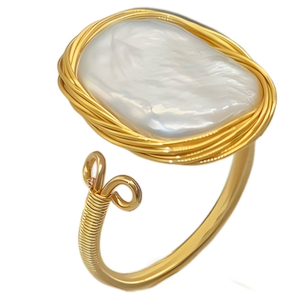 Handcrafted Natural Baroque Pearl Ring Winding Design Opening Adjustable 14k Gold Plated Material... | Amazon (US)
