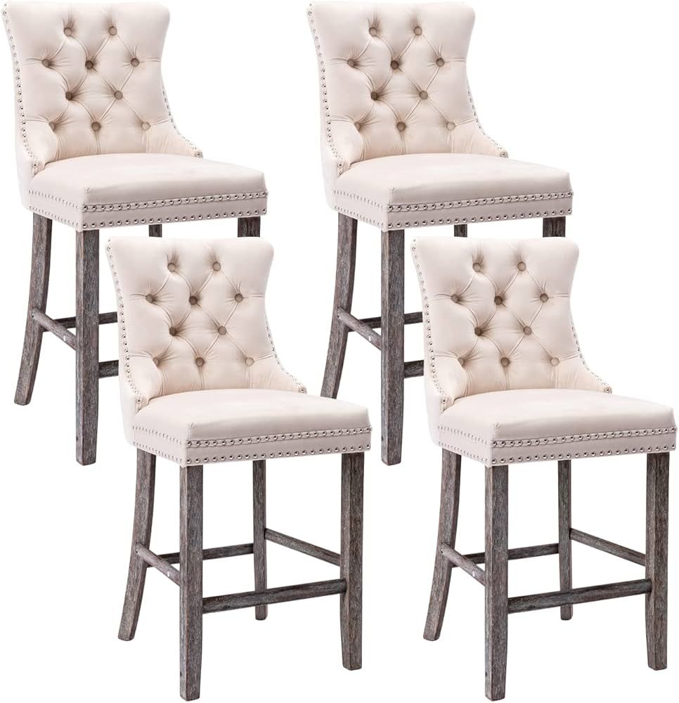 Virabit Velvet Bar Stools Set of 4, 27" Padded Counter Height Bar Stools with Button and Nailhead... | Amazon (US)