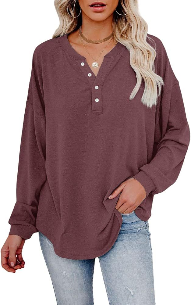 Dressmine Women's V Neck Henley Shirts Long Sleeve Casual Loose Tunic Tops Pullover Sweatshirts with | Amazon (US)
