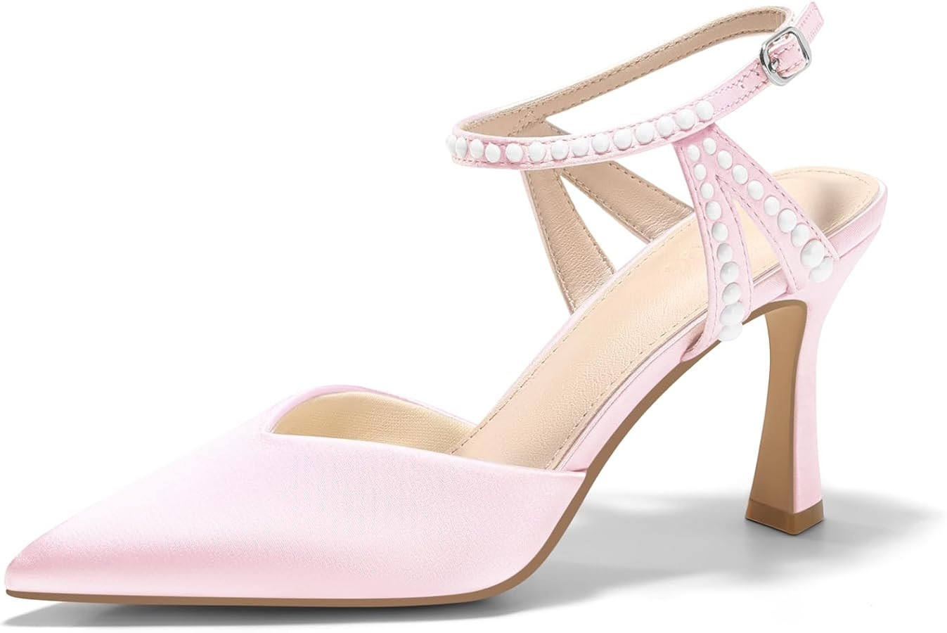 Coutgo Womens High Heels Closed Pointed Toe Satin Pumps Pearl Ankle Strap Wedding Party Dress Sho... | Amazon (US)