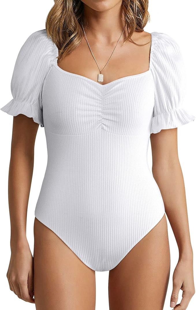 Women Short Puff Sleeve Ruffle Cuff Ruched Front Ribbed Sweetheart Neckline Sexy Bodysuit Backles... | Amazon (US)