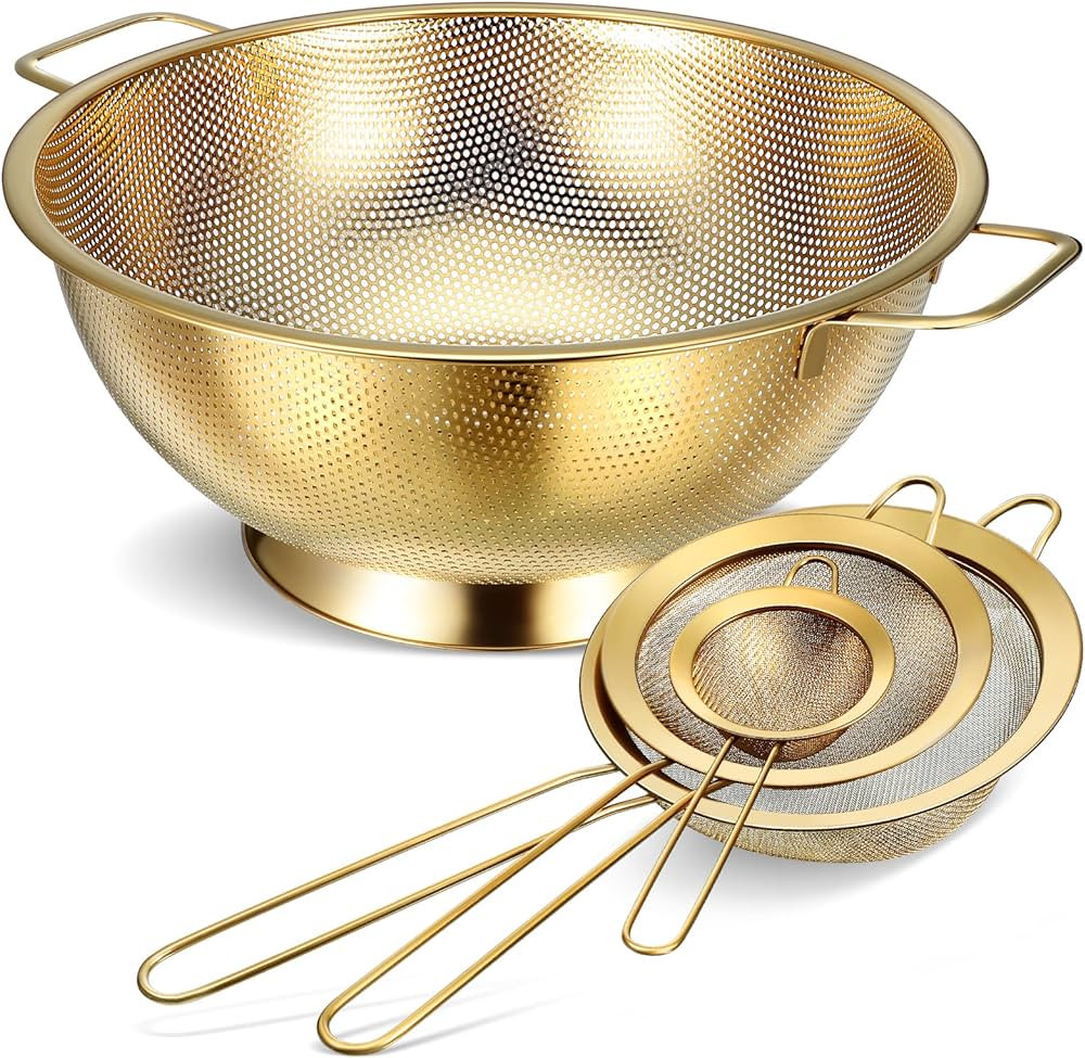 Norme 5 Quart Stainless Steel Gold Colander and 3 Pcs Gold Fine Mesh Strainer, Stainless Steel Pa... | Amazon (US)