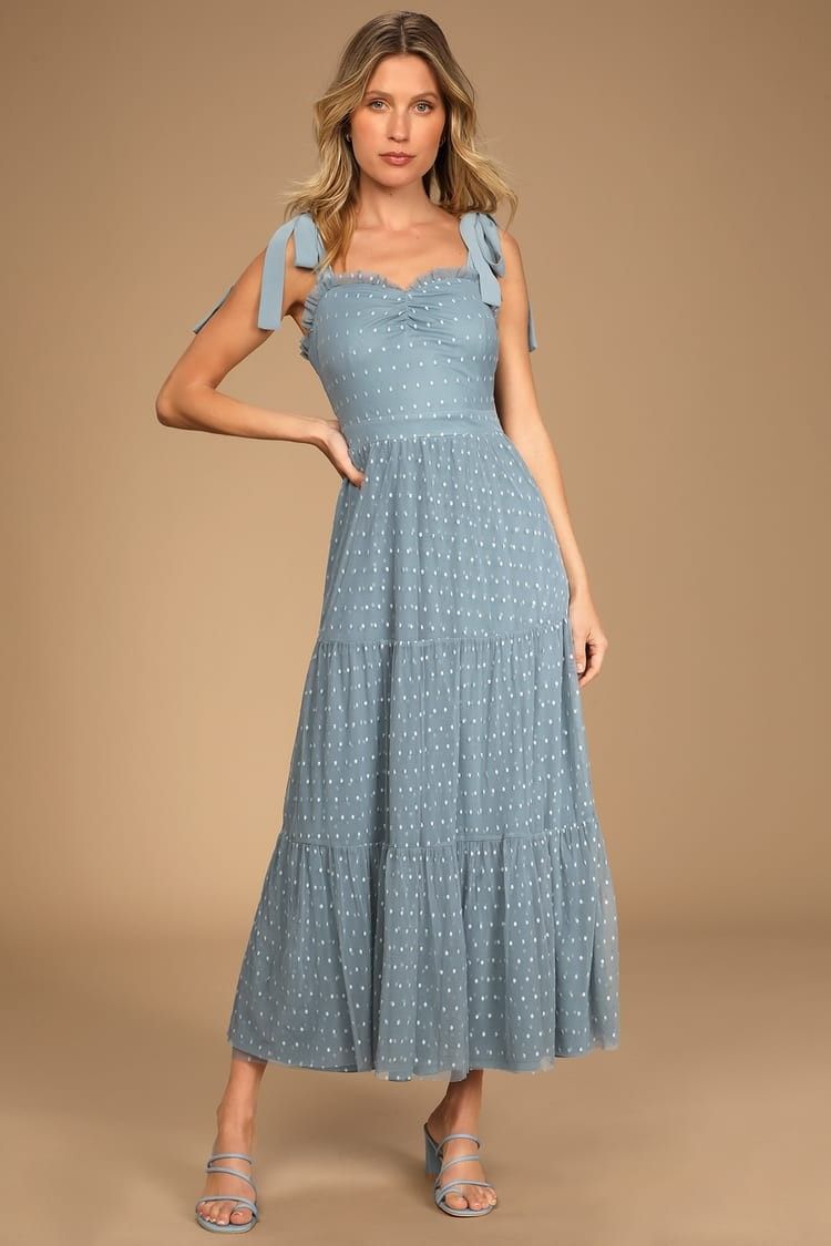 Just Your Darling Slate Blue Tie-Strap Swiss Dot Midi Dress- Summer Wedding Guest Dress | Lulus (US)