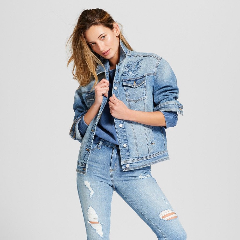 Women's Embroidered Denim Trucker Jacket - Universal Thread Light Wash Xxl, Blue | Target