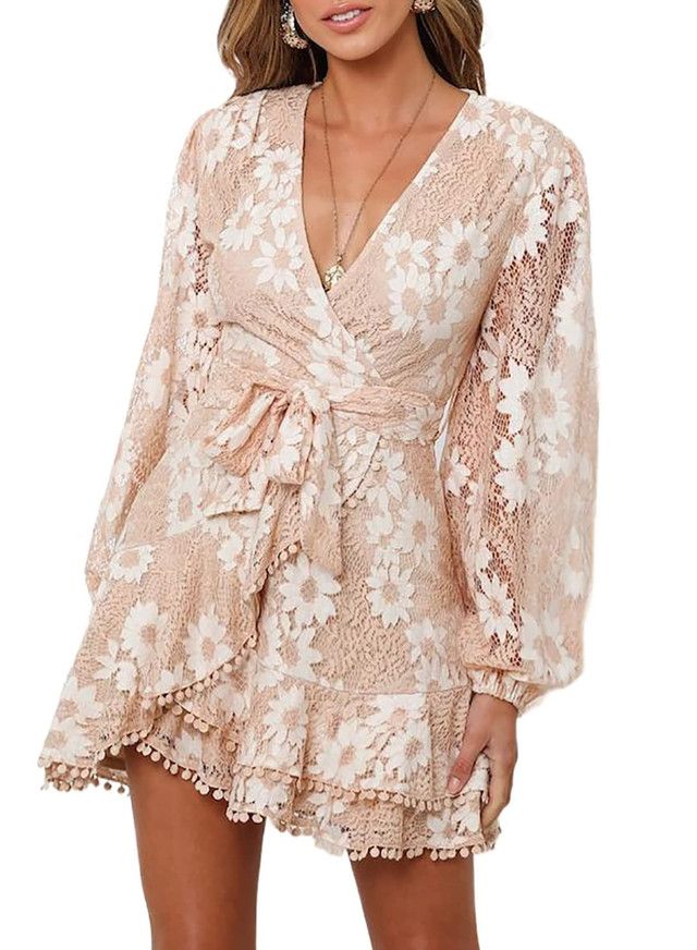 Dearlove Women's Floral Lace Embroidered Wrap V Neck Mini Dress Sheer Long Sleeve Asymmetrical Ru... | Walmart (US)