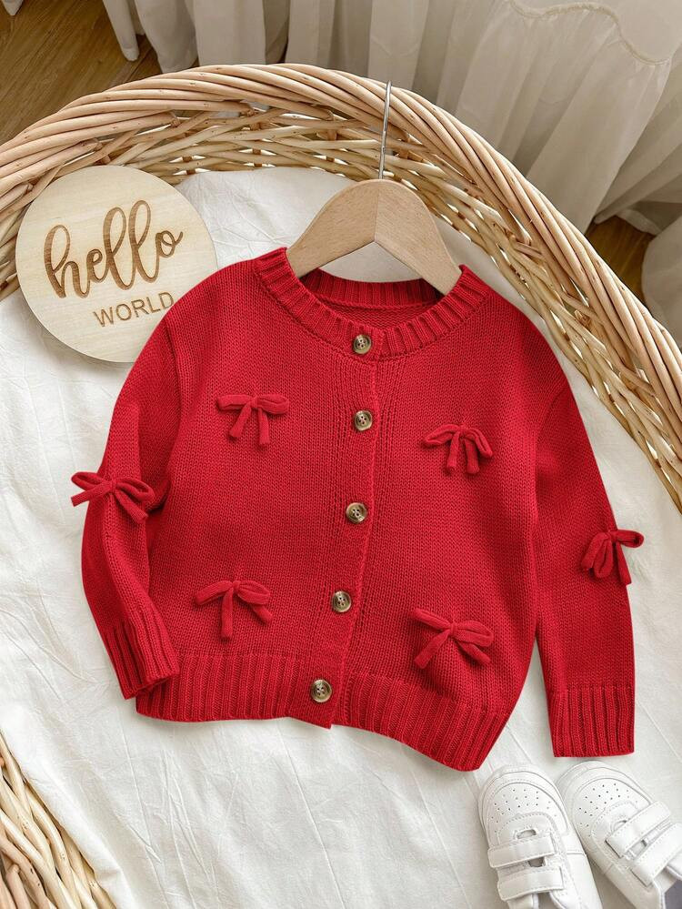 SHEIN Apricot Bowknot Cardigan, Cute & Versatile For Baby Girls, Autumn/Winter Fall | SHEIN