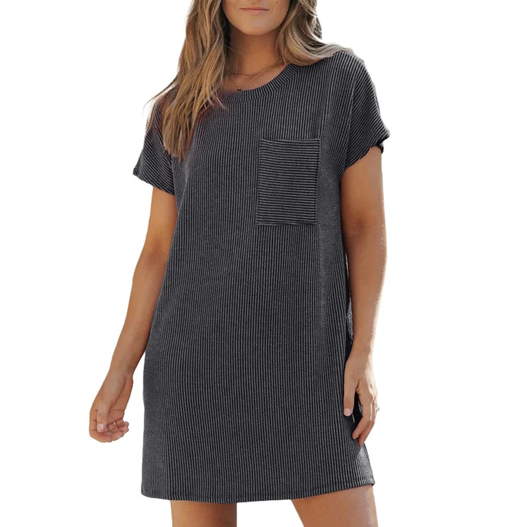 Dokotoo Casual Dresses for Women Summer Crew Neck Short Sleeve Ribbed Tshirt Dresses Loose Solid ... | Walmart (US)
