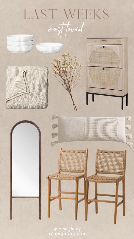 Last weeks best selling items that I shared! The BEST knit bed blanket - comes in king and queen size! The prettiest stems for fall. This show organizer disguised as a pretty furniture piece. The softest lumbar pillow, affordable woven counter stools and the prettiest arched floor mirror. 

#LTKFind #LTKhome